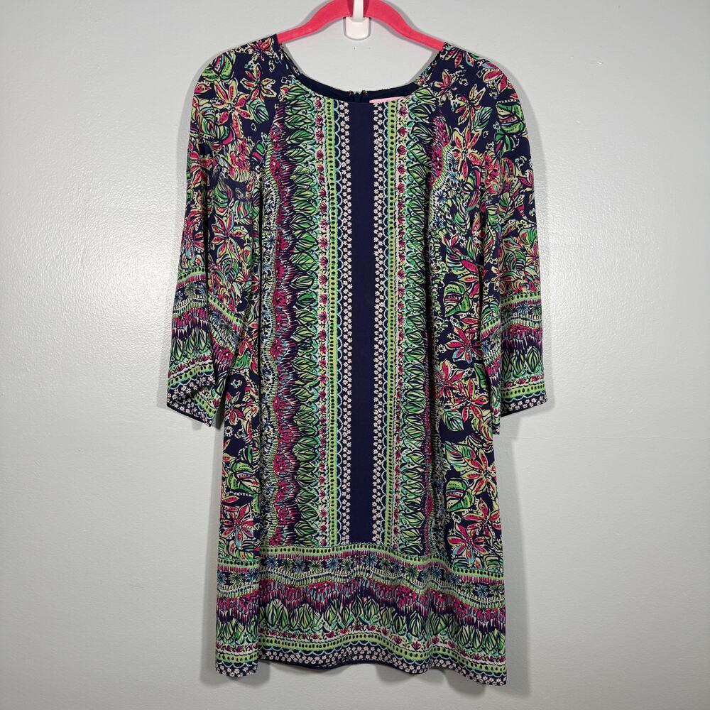 Lilly Pulitzer 100% Silk Printed Shift Dress Size 6 Navy Resort